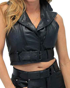 Women's New Cropped Genuine Sheepskin Leather Vest Bomber Casual Zip Coat 2025 Breathable Sportswear Moto <b>Bike</b> Outwear Pockets - Product Image 1