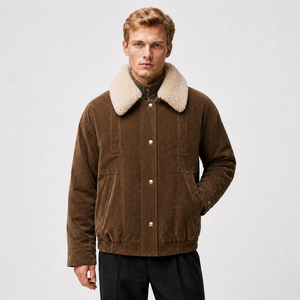 Men's Unisex Button Up Bomber Coat Brown Corduroy <b>Sherpa</b> <b>Lined</b> <b>Jacket</b> with Pocket for Casual Outdoor Wear - Product Image 1