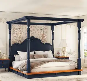高品质手工雕刻印度卧室家具现代经典奢华设计蓝色床印度硬木木质套装