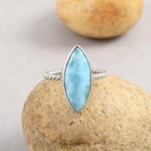Natural Dominican Larimar Marquise Ring Handmade Jewelry Simple Gift For <b>Girlfriend</b> Solid Silver Anniversary Gemstone Ring - Product Image 4
