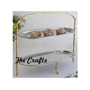 Two <b>Tiers</b> Oval Shape Serving Dessert Snacks <b>Tray</b> In Stainless Steel Silver And Gold Color Food Serving <b>Tray</b> - Product Image 1