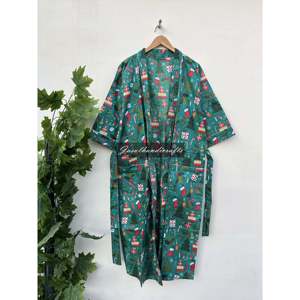 Robe kimono en coton imprimé à la main en Inde, style ethnique, peignoir de spa, méthode d'impression à la main - Product Image 1