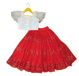 Shoryam Fashion Lehenga Choli en tulle rouge à sequins pour tout-petits et adolescentes, avec haut blanc à manches à volants étagées, longueur ras du sol, pour fêtes et mariages - Product Image 1