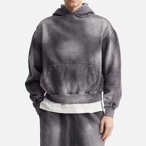 Sweat à capuche délavé à l'acide en molleton, coupe classique, gris, en coton 350 GSM, épais, brodé, automne-hiver, teint uni - Product Image 1