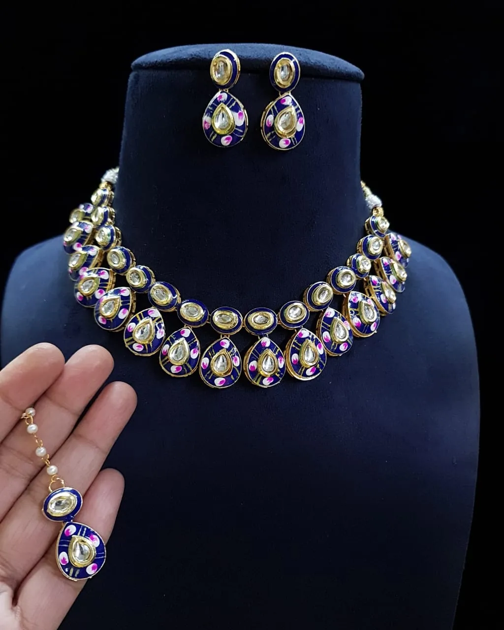 Indisches Großhandel Kaufen Mädchen Damen AD CZ Choker-Halskette-Set mit Ohrringe Party-Bekleidung ethnisch