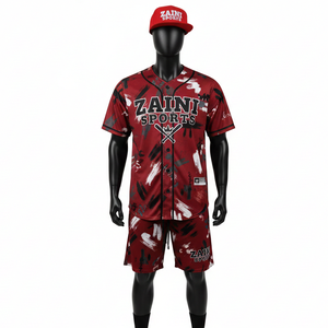 Conjunto de pantalones cortos de béisbol para hombre, de malla de poliéster de alta calidad, 160 GSM, ligero, rojo y negro, con paneles sublimados. - Product Image 1