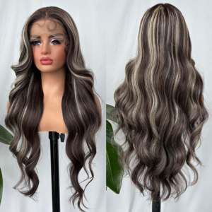 Peluca Sintética Larga y Rizada con Ondas Suaves, Color Azul Balayage, con Frente de Encaje sin Pegamento, Raíz Oscura Rojiza, Estilo Moderno, Venta al por Mayor - Product Image 2