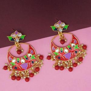 Boucles d'oreilles Kriaa Red Meenakari et Beads Kundan Fine Dangle Model 1314216D - Product Image 1
