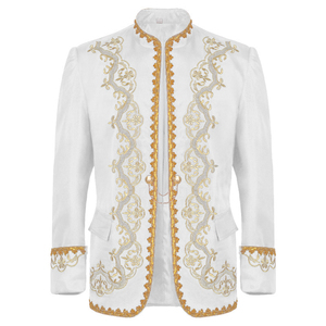 Chaqueta de cuero genuino para hombre con cuello mandarín y bordado dorado, abotonadura sencilla, para actuaciones formales, con plumas de ganso blanco, personalizada - Product Image 4