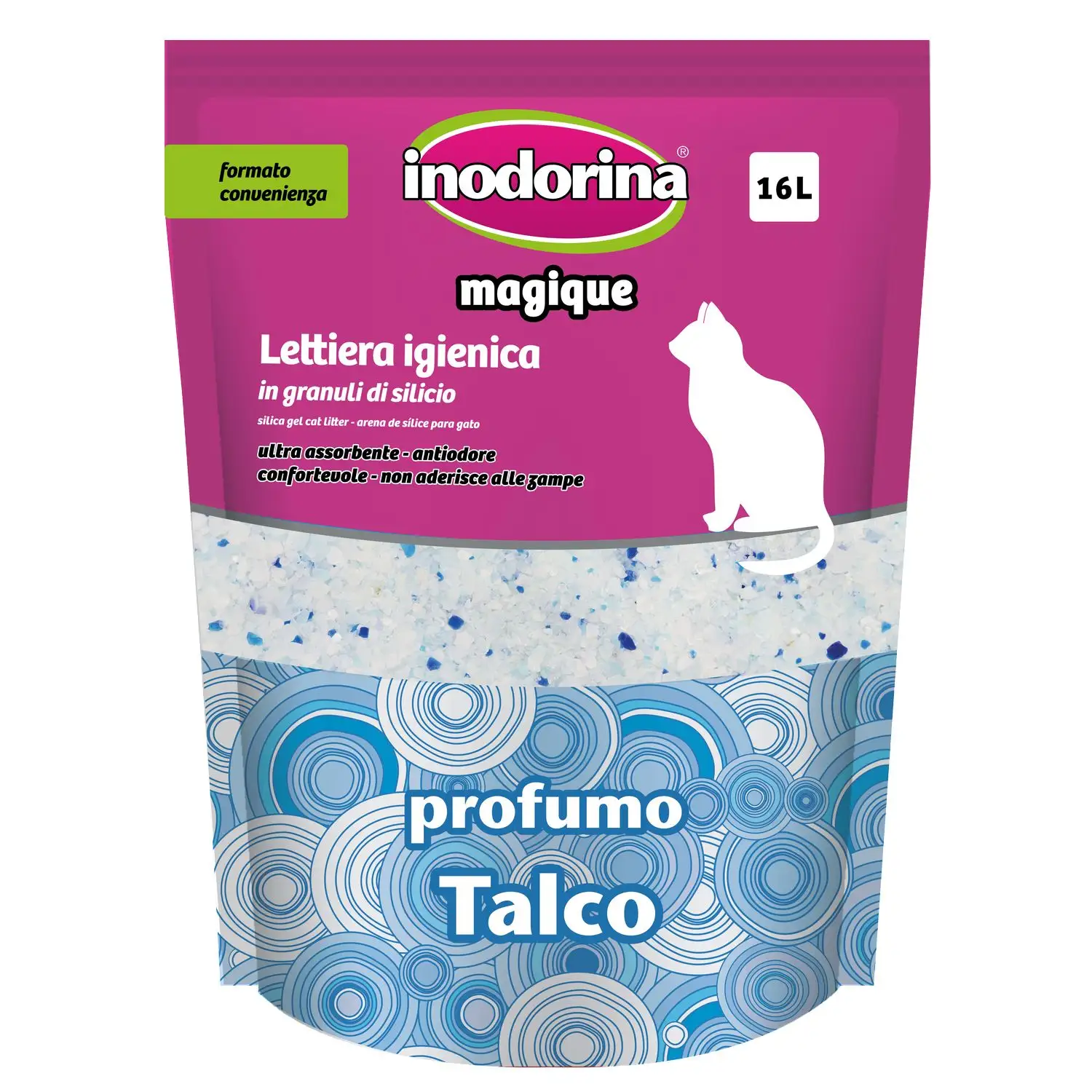 Top Inodorina Silica Gel maca de gato Talco 16L - Absorve mais de 3X o seu Peso - Ideal para uma higiene eficiente dos gatos