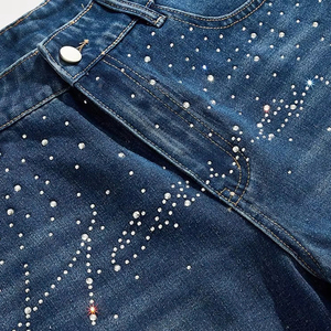 2025 été tendance respirant haute rue Style hommes Denim Shorts soleil délavé partout strass Vintage décontracté Denim Shorts - Product Image 4