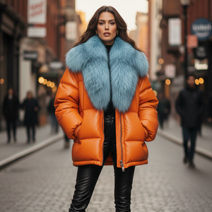 เสื้อแจ็คเก็ตหนังพัฟเฟอร์ลายสก็อตสีส้มสำหรับผู้หญิง พร้อมปกขนสุนัขจิ้งจอก กันลมสำหรับฤดูหนาว สไตล์สตรีทแวร์ - Product Image 1