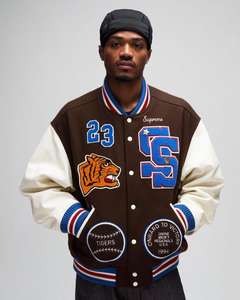 Classic Varsity Jacket with Wool Body Leather Sleeves Snap Front Ribbed Cuffs Cozy Lining-<b>Stand</b> Collar Thin Thickness - Product Image 6