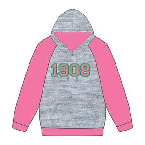 1908 Grey Body Pink Raglan Sleeves Pullover Sudadera con capucha Mezcla de algodón Hermandad de mujeres griega Ropa personalizada Divine Nine HBCU Ropa griega - Product Image 2