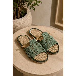 Gold Detailed Woven for <b>Slippers</b> with Open Toe Green Olive Breathable Feature - Product Image 1