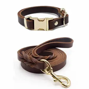 High Quality Real Leather Dog Collar and Lead Set For Medium Large Dogs Heavy Duty Wholesale Stylish Rope Leas Dog Collar