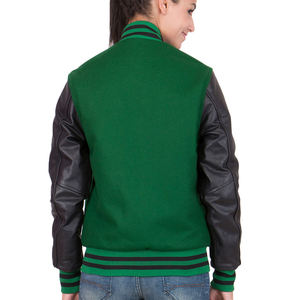 Chaqueta Estilo Universitario Verde Oscuro y Negra, Mangas Estilo Cuero, Forro Acolchado, Ribete a Rayas, Ropa Urbana - Product Image 6