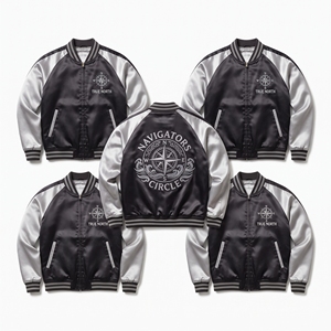 Wholesale Satin Bomber <b>Jacket</b> Black <b>Silver</b> Compass Embroidered Varsity Coat Front Zip Ribbed Trim Factory Direct - Product Image 1