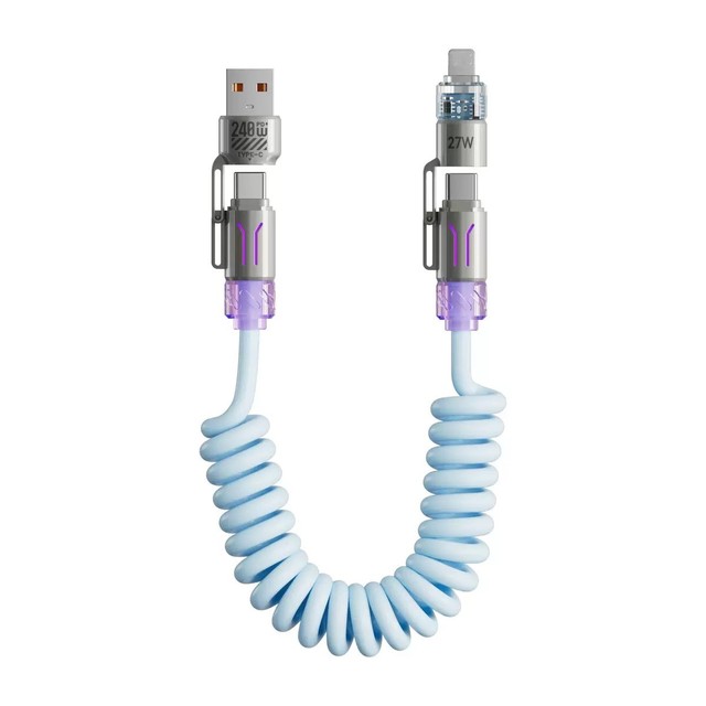 2M Long 240W USB to Type C Fast Charging Cable 4 In1 Car Spring Fast Data Cable for Iphone 15 16 17 Samsung Laptops Tablets
