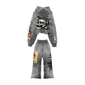 Conjunto de Sudadera con Capucha Desgastada de Diseño Personalizado para Hombre y Mujer, Chaqueta y Pantalones con Bordado Vintage y Lavado Ácido - Product Image 5