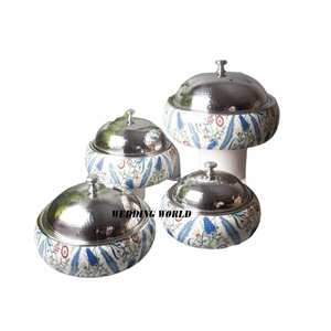 <b>Set</b> of Three Metal Etching Design Hotpot Double Wall Tabletop Casserole Round Shape Luxury New Metal Food Warmer - Product Image 5