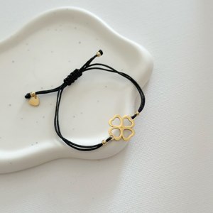 Adjustable Bohemian Black Cord <b>Bracelet</b> with Four-Leaf Clover <b>Charm</b> Beaded Stainless Steel Jewelry featuring Pearl Main Stone - Product Image 3