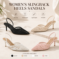 Sandales à talons slingback en crochet pour femmes, à bout pointu, en maille ajourée, avec bride élastique, dessus en PU, chaussures habillées, semelle antidérapante en TPR, vente en gros