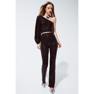Haut court noir asymétrique à une épaule avec détails pailletés, silhouette droite, taille naturelle - Product Image 1