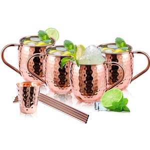 Mix Hammered Design Moscow Mule Copper <b>Mugs</b> of Pair With Free Jigger & Straw for Home Hotel Restaurant Bar Use Drink Ware - Product Image 2