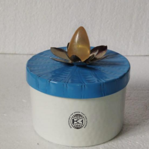 decorative <b>glass</b> <b>canister</b> with a silver base and lid. - Product Image 2