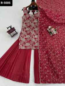 Traje de Sharara de material de seda a fuego lento de desgaste étnico indio con trabajo de secuencia de hilo y juego de Dupatta de borde de encaje para ropa de boda - Product Image 5