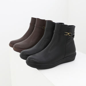 [JSHOE] Bottines courtes pour femme en cuir de vachette véritable doublées polaire avec bride dorée, talon bas de 3,5 cm, chaussures d'hiver confortables - Product Image 2