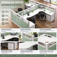 Poste de travail de bureau moderne pour 4 personnes, en forme de L, avec cloison d'intimité et meuble de rangement