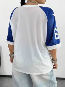 Bleu marine 68 maille Jersey chemise surdimensionné Streetwear unisexe col en V haut de sport Hip Hop Varsity Style été t-shirt hommes T-shirts - Product Image 3