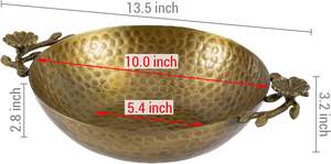 Exportador de Frutero de Metal martillado en tono latón Vintage de 10 pulgadas, manijas en forma de flores, bandeja de mesa decorativa, plato para servir - Product Image 2