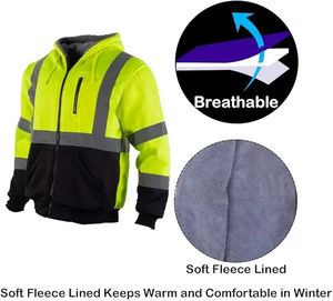 Veste de sécurité réfléchissante haute visibilité ANSI Classe 3 en gros, sweat à capuche en polaire pour homme, fermeture éclair, vêtements de travail, jaune noir, isolé, EPI, OEM - Product Image 5