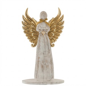 Figurine décorative ange en bois avec ailes dorées et détail cœur, style shabby chic, pour décoration de table et de maison - Product Image 1