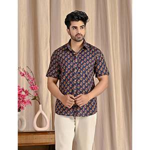 Chemise à manches courtes en coton imprimé bleu marine, tissu popeline 100%, col boutonné, style décontracté, taille 6XL, chemises habillées pour hommes ODM - Product Image 1