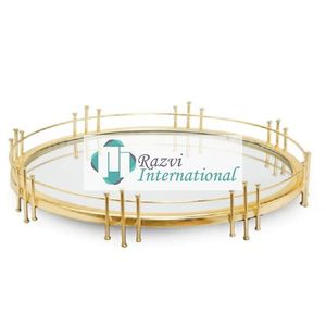 Round Shape Mirror Tray with Gold <b>Twigs</b> Designed Border Superior Quality Metal Gold Color Food Serving Tray <b>Decorative</b> Tray - Product Image 6