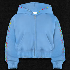 Men's Heavyweight Cotton <b>Zip</b>-<b>Up</b> <b>Hoodie</b> Colorful Rhinestone Embellished Casual Sweatshirt Drop Shoulder Fit for Winter hoodies - Product Image 2