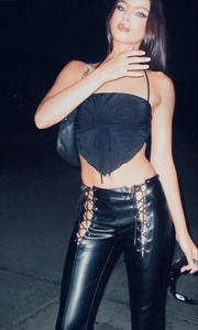 Hot Selling High Waist Asymmetric PU Leather <b>Pants</b> With Zipper Fly And Side Pockets Calf Length Moto Style Women's Trousers - Product Image 4
