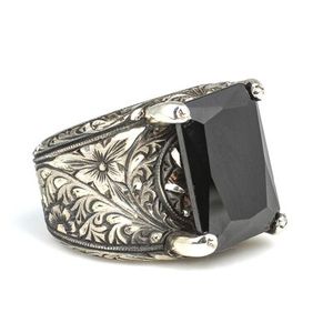 925 Oniks Tal Kalemli Dikdrtgen Erkek Yzk Geometric Pattern Rhodium Plated with <b>Emerald</b> Cut Diamond Everyday Wear - Product Image 2