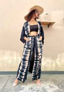 Robe Kimono Tie Dye attrayante pour femmes Casual Long Floor-Length Cover-Up avec deux pièces à manches longues tissé pyjama écologique - Product Image 5