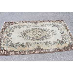 3.9x6.8 ft Area Turkish Vintage Rug, <b>Brown</b> Striped <b>Wool</b> Rug - Product Image 3