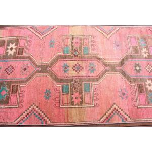 Tapis turc vintage 3,2x8,2 pi (99x249 cm), tapis oriental en laine rose - Product Image 4