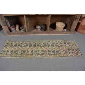 Tapis Turc Vintage 1.6 X 5.6ft Bleu Vert Patchwork Design Fait Main Laine Latex de Haute Qualité pour Salon Rectangle Couloir - Product Image 4