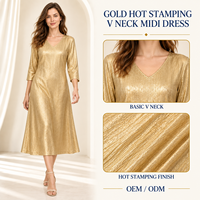Robe midi trapèze personnalisée pour femme, col en V, manches trois quarts, dorée à chaud, pour occasions spéciales, OEM ODM Marque Privée