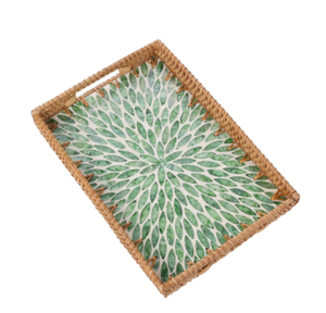 Plateau rectangulaire en rotin artisanal en gros avec incrustation de nacre, plateau de service décoratif tissé naturel, fabriqué au Vietnam - Product Image 1