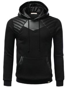 2025 plaine noir Patchwork cuir pull à capuche pour hommes garçons vente chaude 100% coton avec manches en cuir hiver mode - Product Image 1