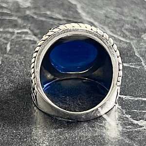 Anillo de Hombre Vintage de Plata con Zafiro Azul, Estilo Floral, Joyería de Plata de Ley Hecha a Mano, Engaste de Bisel con Piedra Tallada - Product Image 6